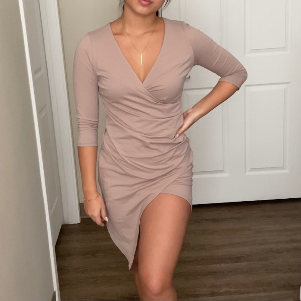 Beige bodycon wrap dress